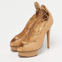 Pre Owned Charlotte Olympia Beige Leather Paloma Platform Pumps Size 40.5