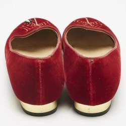 Pre Owned Charlotte Olympia Red Velvet Spider Ballet Flats Size 38