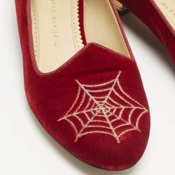 Pre Owned Charlotte Olympia Red Velvet Spider Ballet Flats Size 38
