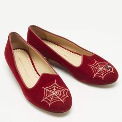 Pre Owned Charlotte Olympia Red Velvet Spider Ballet Flats Size 38