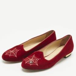 Pre Owned Charlotte Olympia Red Velvet Spider Ballet Flats Size 38