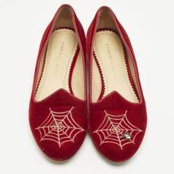 Pre Owned Charlotte Olympia Red Velvet Spider Ballet Flats Size 38