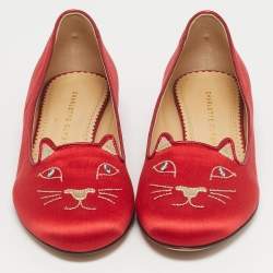 مملوكة مسبقًا Charlotte Olympia Red Satin Cheeky Kitty Ballet Flats Size 38