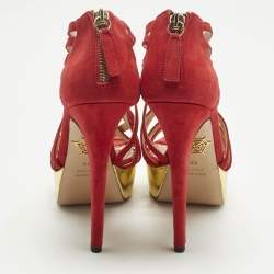 Pre Owned Charlotte Olympia Red Suede Strappy Platform Sandals Size 36.5