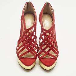 Pre Owned Charlotte Olympia Red Suede Strappy Platform Sandals Size 36.5