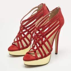 Pre Owned Charlotte Olympia Red Suede Strappy Platform Sandals Size 36.5