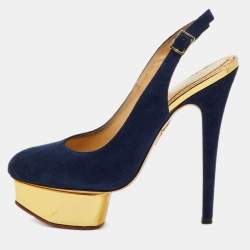 Pre Owned Charlotte Olympia Blue Suede Dolly Slingback Platform Pumps Size 36.5