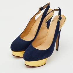 Pre Owned Charlotte Olympia Blue Suede Dolly Slingback Platform Pumps Size 36.5