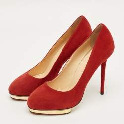 Pre Owned Charlotte Olympia Red Suede Dolly Platform Pumps Size 40.5