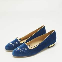 Pre Owned Charlotte Olympia Navy Blue Velvet Kitty Ballet Flats Size 40