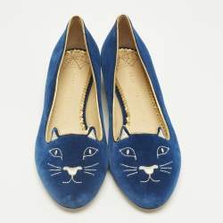 Pre Owned Charlotte Olympia Navy Blue Velvet Kitty Ballet Flats Size 40