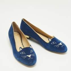 Pre Owned Charlotte Olympia Navy Blue Velvet Kitty Ballet Flats Size 40