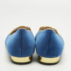 Pre Owned Charlotte Olympia Navy Blue Velvet Kitty Ballet Flats Size 40