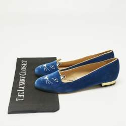 Pre Owned Charlotte Olympia Navy Blue Velvet Kitty Ballet Flats Size 40