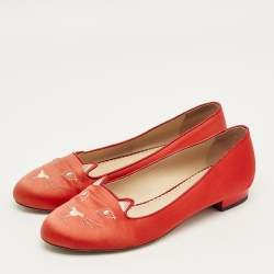Pre Owned Charlotte Olympia Red Satin Cheeky Kitty Ballet Flats Size 40