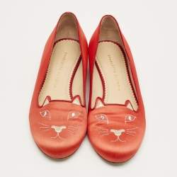 Pre Owned Charlotte Olympia Red Satin Cheeky Kitty Ballet Flats Size 40