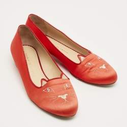 Pre Owned Charlotte Olympia Red Satin Cheeky Kitty Ballet Flats Size 40
