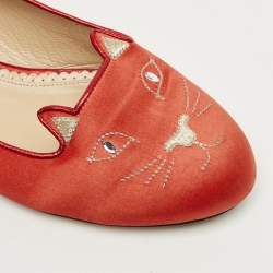 Pre Owned Charlotte Olympia Red Satin Cheeky Kitty Ballet Flats Size 40