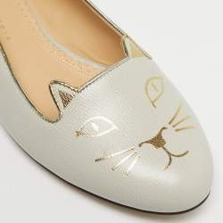 Pre Owned Charlotte Olympia Grey Leather Kitty Ballet Flats Size 40