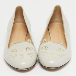 Pre Owned Charlotte Olympia Grey Leather Kitty Ballet Flats Size 40
