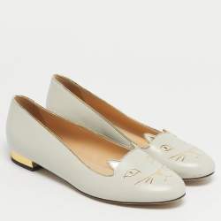 Pre Owned Charlotte Olympia Grey Leather Kitty Ballet Flats Size 40