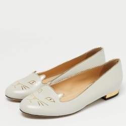 Pre Owned Charlotte Olympia Grey Leather Kitty Ballet Flats Size 40