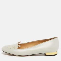 Pre Owned Charlotte Olympia Grey Leather Kitty Ballet Flats Size 40