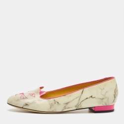 Pre Owned Charlotte Olympia Grey/Pink Leather Cheeky Kitty Smoking Slippers Size 40