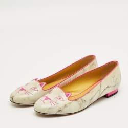 Pre Owned Charlotte Olympia Grey/Pink Leather Cheeky Kitty Smoking Slippers Size 40