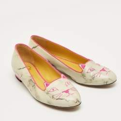 Pre Owned Charlotte Olympia Grey/Pink Leather Cheeky Kitty Smoking Slippers Size 40