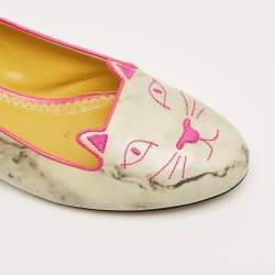 Pre Owned Charlotte Olympia Grey/Pink Leather Cheeky Kitty Smoking Slippers Size 40