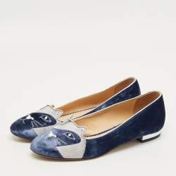 Pre Owned Charlotte Olympia Navy Blue/Grey Velvet Kitty Smoking Slippers Size 40