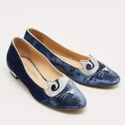 Pre Owned Charlotte Olympia Navy Blue/Grey Velvet Kitty Smoking Slippers Size 40