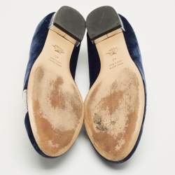 Pre Owned Charlotte Olympia Navy Blue/Grey Velvet Kitty Smoking Slippers Size 40