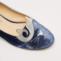 Pre Owned Charlotte Olympia Navy Blue/Grey Velvet Kitty Smoking Slippers Size 40
