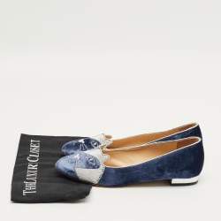 Pre Owned Charlotte Olympia Navy Blue/Grey Velvet Kitty Smoking Slippers Size 40