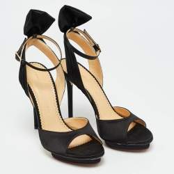 Pre Owned Charlotte Olympia Black Satin Wallace Ankle Strap Sandals Size 36.5