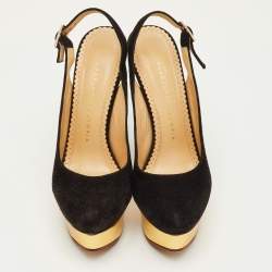 مملوكة مسبقًا حذاء كعب عالي شارلوت أوليمبيا دوللي سويدي أسود بسيور خلفية نعل سميك مقاس 36.5