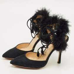 مملوكة مسبقًا صندل شارلوت أوليمبيا سويدي وريش نعام أسود مقاس 36