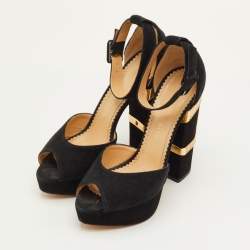 مملوكة مسبقًا Charlotte Olympia Size 38 Black Suede Embellished Ankle Strap Platform Sandals