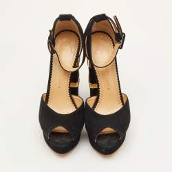 مملوكة مسبقًا Charlotte Olympia Size 38 Black Suede Embellished Ankle Strap Platform Sandals
