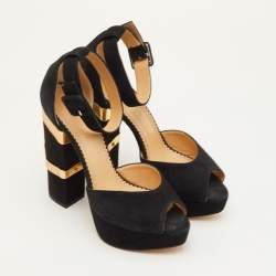 مملوكة مسبقًا Charlotte Olympia Size 38 Black Suede Embellished Ankle Strap Platform Sandals