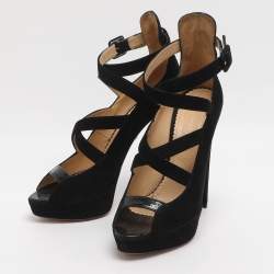 مملوكة مسبقًا Charlotte Olympia Gladys Size 37 Black Suede Strappy Platform Sandals