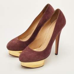 Pre Owned Charlotte Olympia Dolly Size 37.5 Burgundy Suede Platform Pumps