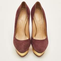 Pre Owned Charlotte Olympia Dolly Size 37.5 Burgundy Suede Platform Pumps