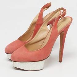 Pre Owned Charlotte Olympia Dolly Size 40 Red Suede Platform Slingback Pumps