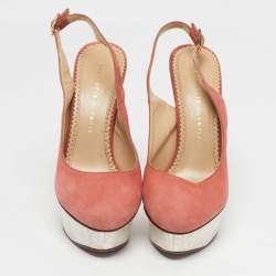 Pre Owned Charlotte Olympia Dolly Size 40 Red Suede Platform Slingback Pumps