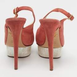 Pre Owned Charlotte Olympia Dolly Size 40 Red Suede Platform Slingback Pumps