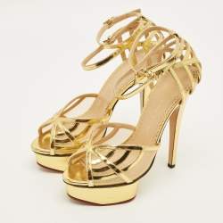 Pre Owned صندل شارلوت أوليمبيا جلد و قماش شبكي ذهبي بحزام للكاحل مقاس 37