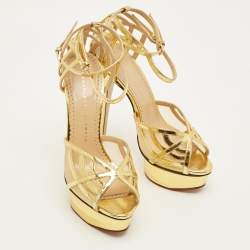Pre Owned صندل شارلوت أوليمبيا جلد و قماش شبكي ذهبي بحزام للكاحل مقاس 37